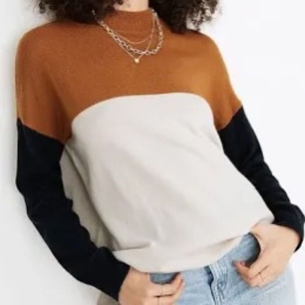 Madewell Colorblock Ashbury Mockneck Sweater, Bronze, Oat & Black, size S